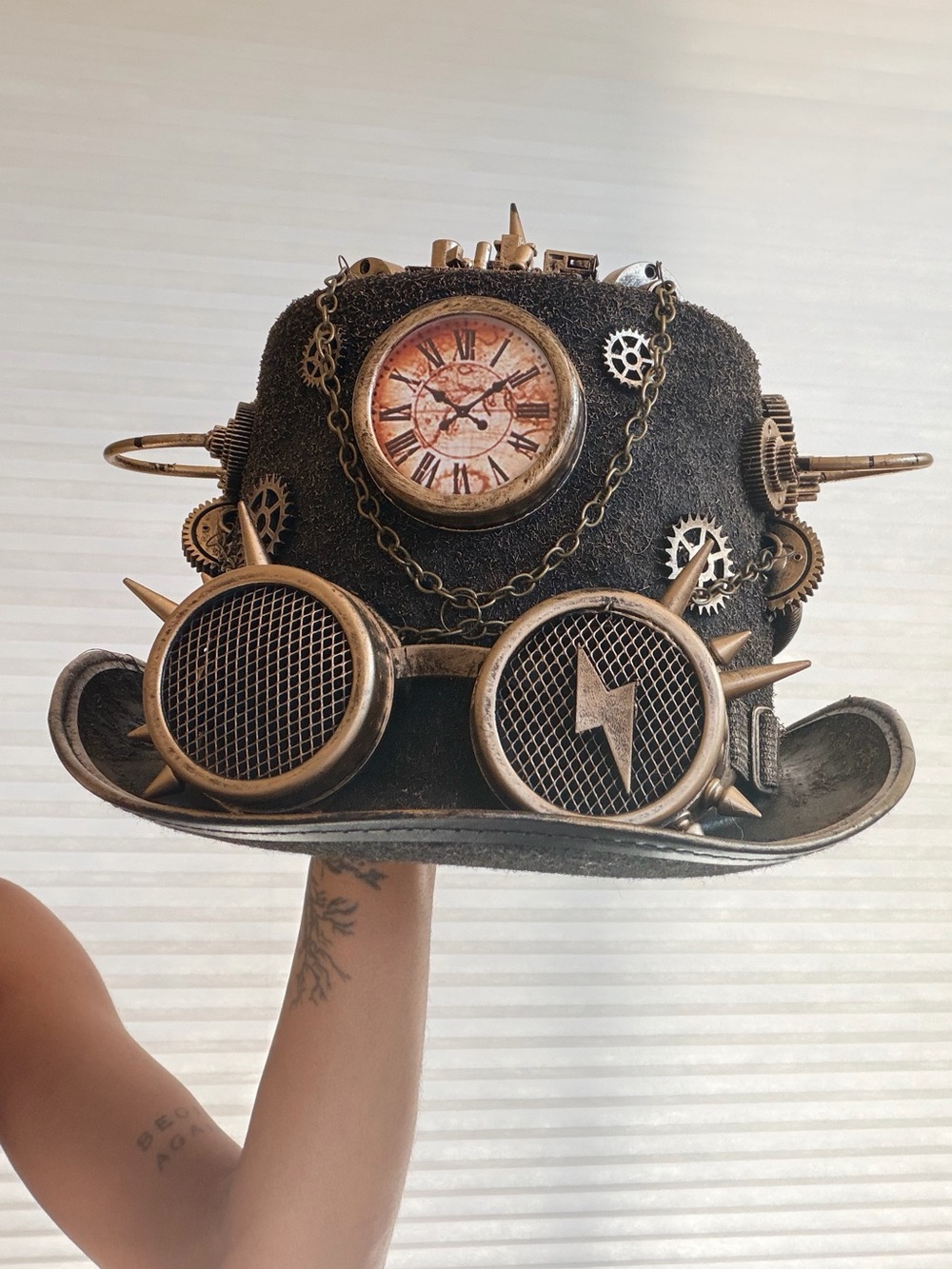 Steampunk Industrial Top Hat with Clock & Goggles – Handmade Statement Piece - Picture 2 of 15